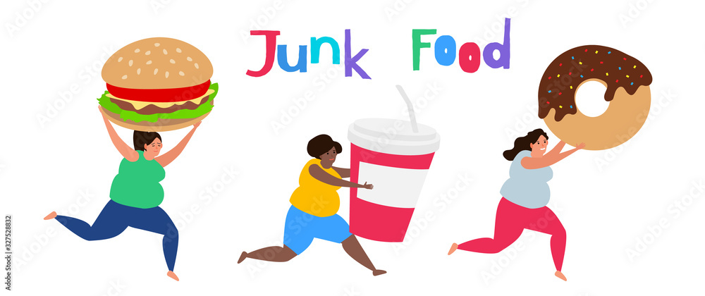 overweight  women with junk food burger beverage donut vector illustration