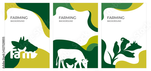 Cover design with farm animals. Livestock, agriculture or farming concept. Set of banners with cow, pig, ram and chicken. Vector illustrations with copy space and green background for flyer, poster.