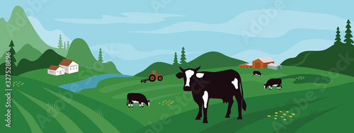 Agricultural landscape with tractor and cows. Horizontal vector illustration of livestock, farm animals, Alpine meadow, farmer house and river. Background with nature view for dairy, milk packaging.