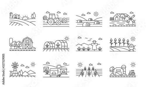 Agricultural icons black and white linear set
