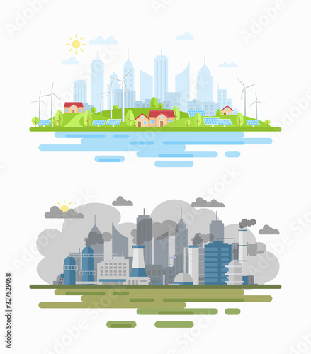 Air pollution city landscape difference flat vector illustration