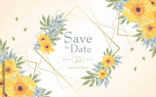 yellow floral save the date invitation card with abstract watercolor background