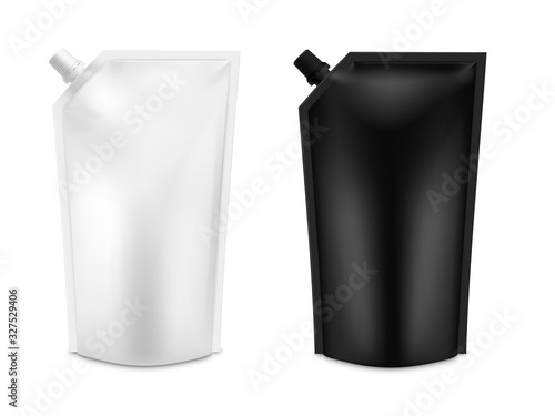 Realistic 3D White Blank Doy Pack Mock up set. Vector Doypack Template Packing with screw cap.