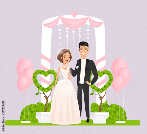 Ceremonial arch with wedding couple flat vector illustration