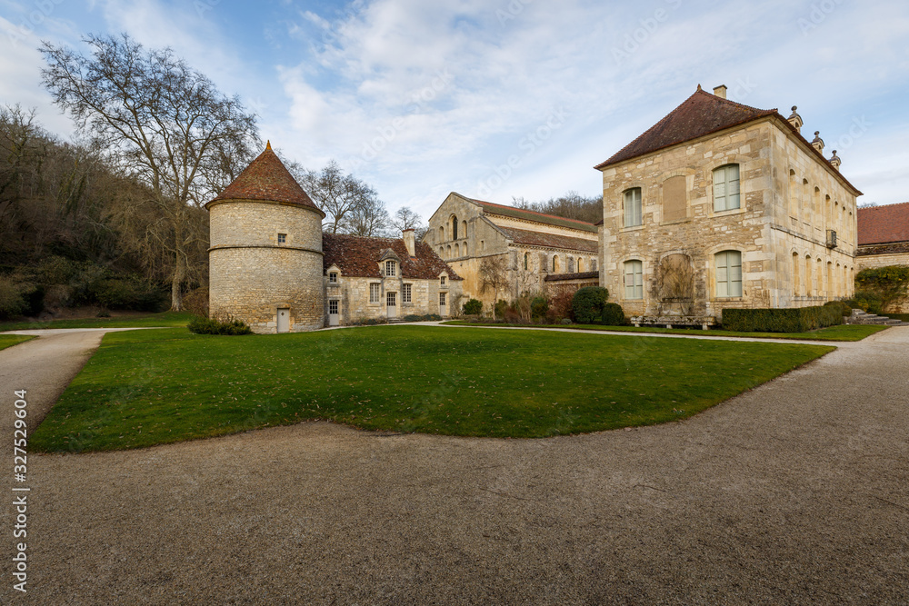 Ancient building of medieval French abbey. Abbey of Fontenay, Burgundy, France, Europe