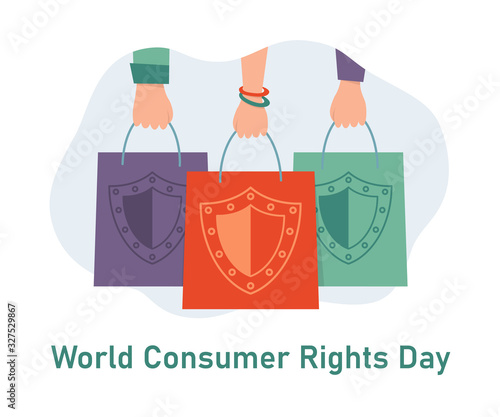 World Consumer Rights Day. Hands with shopping bags. Shield sign on the package. Greeting card for consumer protection day. Vector illustration in flat style on white background