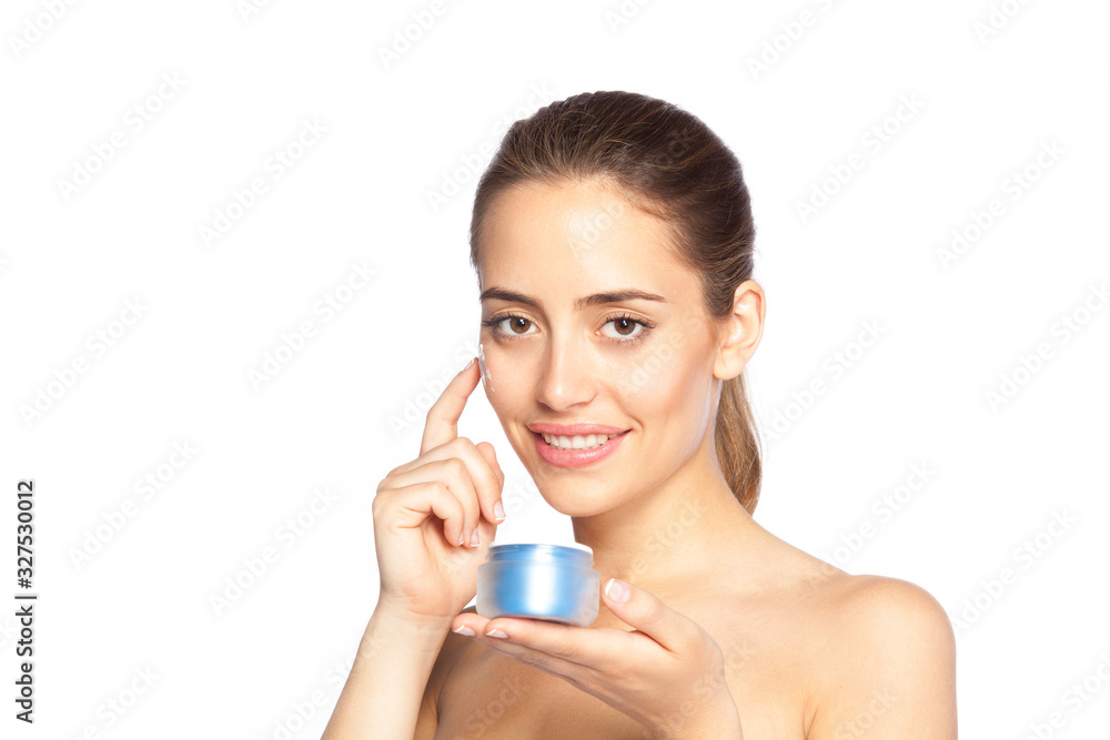 Portrait of smiling woman with skin cream on face isolated on white background Portrait of smiling woman with skin cream on face isolated on white background