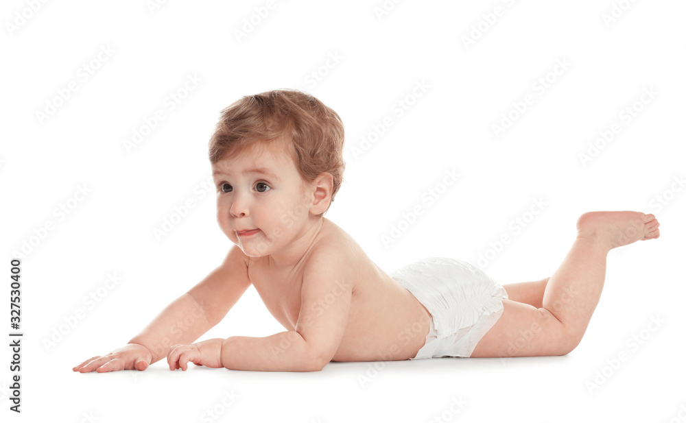 Cute little baby in diaper on white background Cute little baby in diaper on white background