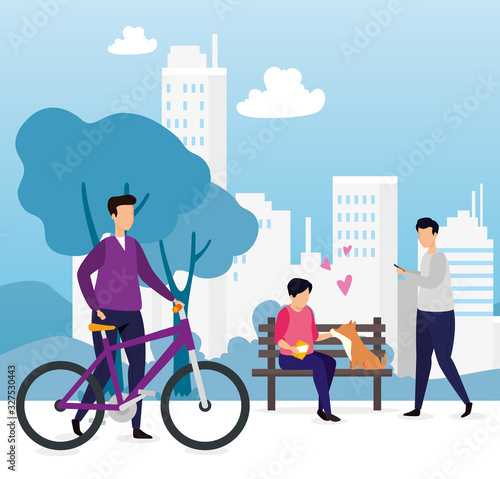 buildings urban scene with young people vector illustration design