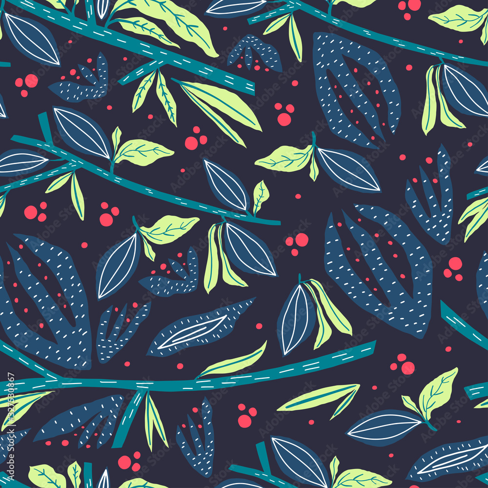 Vector nature background. Stylized branches, leaves, flowers and fruit composition. Element of seamless pattern Vector nature background. Stylized branches, leaves, flowers and fruit composition. Element of seamless pattern