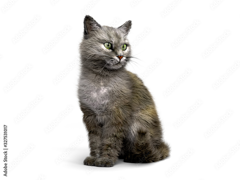 gray cat sits 3d render on a white background