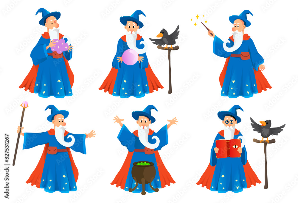 Wizard in robe spelling vector cartoon characters.