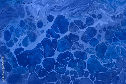 Acrylic Fluid Art. Blue sapphire waves and and spot drops. Abstract aqua background or texture