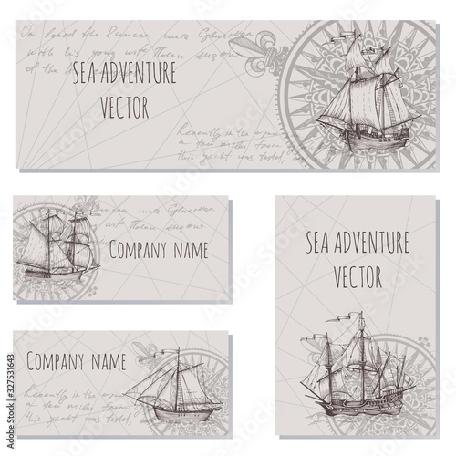 Old caravel, vintage sailboat. Sea adventure vector background. Doodles design elements business cards, banners, menu