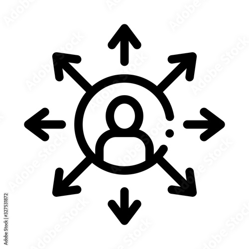 Different Areas Of Activity Icon Thin Line Vector. Human In Center Of Circle With Arrows, Multitasking Concept Linear Pictogram. Monochrome Outline Sign Isolated Contour Symbol Illustration