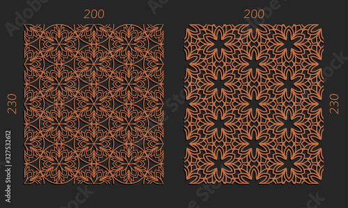 Laser cutting panels. Veneer vector trellis set. Plywood lasercut floral design. Hexagonal seamless patterns for printing, engraving, paper cut, silhouette stamps. Stencil lattice ornaments.