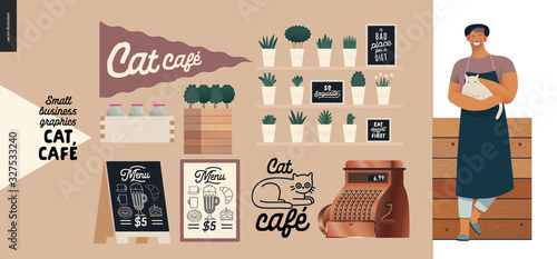 Cat cafe -small business graphics -owner and shop elements. Modern flat vector concept illustrations - man wearing apron petting a cat at the wooden counter, interior decoration, cash register