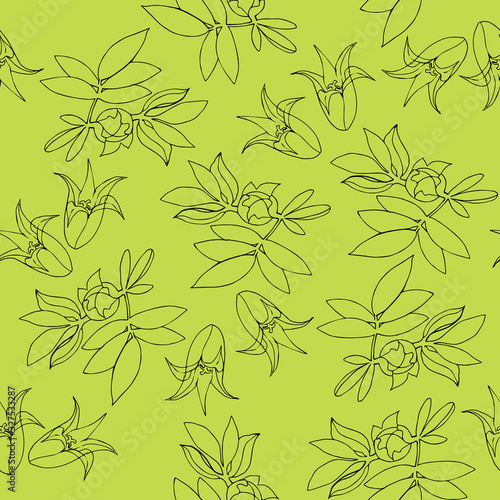 Doodle hand-drawn .Vector seamless floral pattern. with contour outline leaves and flowers of bluebells, on olive colored background. For the design of wallpaper, textile, wrapping paper,