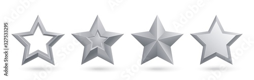 Silver stars. Realistic metal golden stars isolated for rating and holiday decoration vector set. Rating silver award, asterisk star symbol illustration