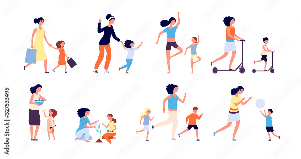 Mom and children. Family time, mother with kids. People cooking and education, gardening and playing. Happy women and babies vector set. Illustration of mother together daughter and son