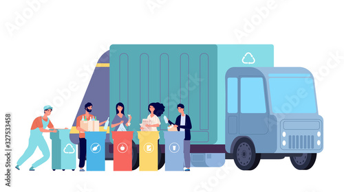 Garbage truck. Refuse recycling, rubbish worker and disposal containers. People sorting and throw waste. Vector recycle dumpster concept. Illustration container recycle, rubbish and waste collect