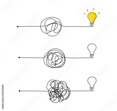 Simplifying the complex path, concept of idea. Doodle hand drawn light bulb icon with yellow detail and messy line symbol. Vector illustration