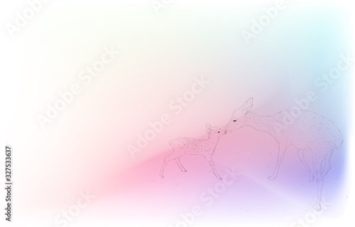 写実的な動物イラスト：玉虫色の背景：鹿の親子が鼻をくっつける姿