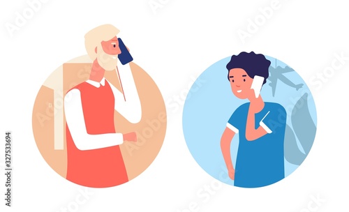 Family calling. People phone talking, grandfather and grandson speaking. Call parents, boy have conversation with man vector illustration. Grandfather grandson phone using, smartphone communication