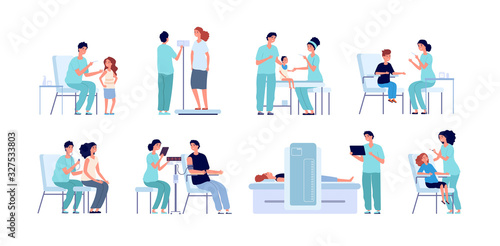 Vaccination. Flat pediatrician kids vaccine. Young doctor, medical check up sick child. Anti flu injection adult and children vector set. Illustration vaccine checkup healthy, injection against flu