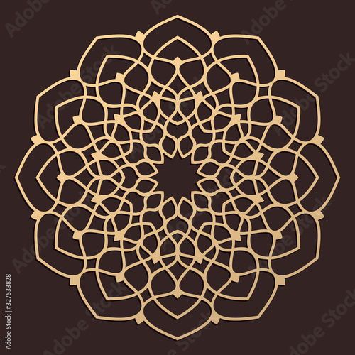 Laser cutting mandala. Wooden decal. Boho concept. Golden floral pattern. CNC silhouette ornament. Vector coaster lasercut design. Flower for woodcut, papercut or metalcut. Plywood.