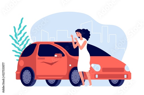 Car scratches. Sad woman, flat worry girl with red auto. Spoiled transport needs repair. Disappointed female and vehicle vector illustration. Woman worry about automobile scratch, disappointed female