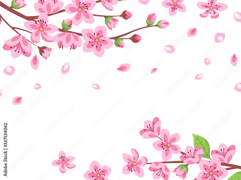 Cherry blossom. Floral sakura branches. Spring japan romantic flying petals. Pink flower bloom garden, cartoon oriental vector background. Illustration japan floral, sakura cherry poster