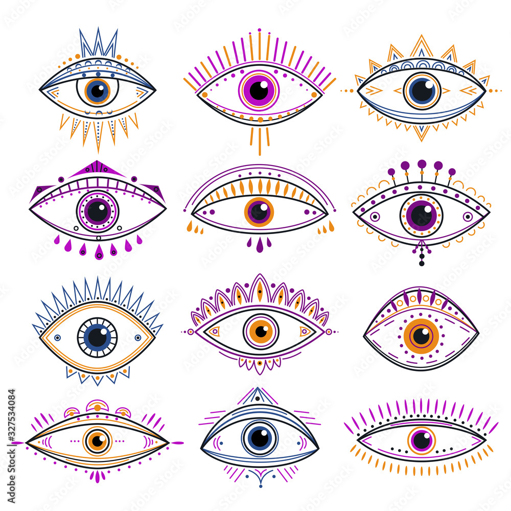 Eye of providence. Evil eyes, mystic esoteric symbols. Abstract occult signs design. Decorative alchemy and magic line tattoo vector icons. Esoteric amulet, providence mystic eye illustration - obrazy, fototapety, plakaty 