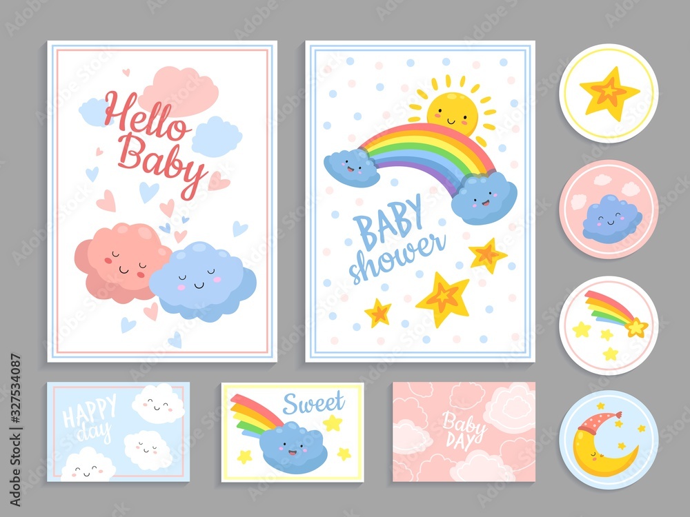 Baby shower. Abstract cute clouds heart. Kid print pattern and invitation with stars sun, moon and rainbow. Art food party vector cards. Baby shower card with rainbow, moon and sun illustration
