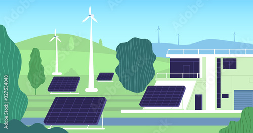Clean electric energy. Turbine, building renewable resources. Modern electricity, sun battery wind station. Powerhouse vector illustration. Renewable energy, eco windmill, sustainable turbine building