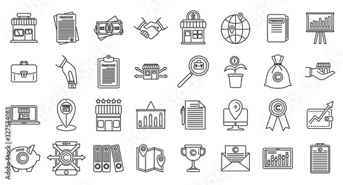 Franchise store icons set. Outline set of franchise store vector icons for web design isolated on white background