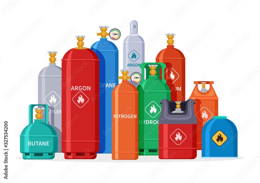 Gas cylinder group. Oxygen tanks, bottles and canister. Isolated petroleum industry equipment. Liquid nitrogen storage vector illustration. Gas cylinder, tank collection compressed Gas cylinder group. Oxygen tanks, bottles and canister. Isolated petroleum industry equipment. Liquid nitrogen storage vector illustration. Gas cylinder, tank collection compressed