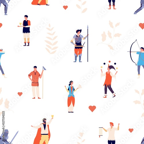 Children pattern. Royal medieval characters background. Book stories, fairy tales princess, king and knight print. Theater cinema heroes vector seamless texture. Princess and king pattern illustration
