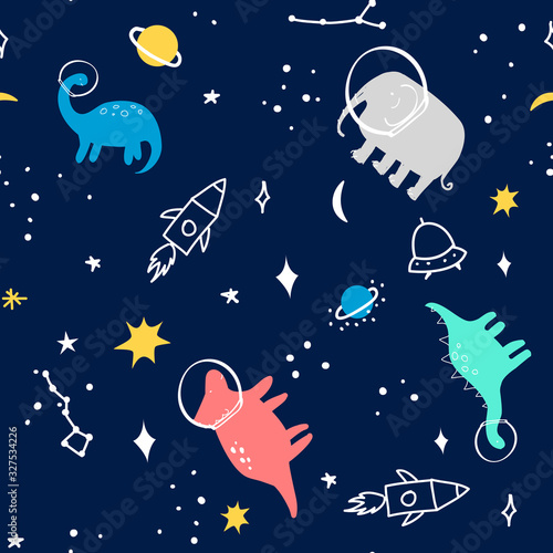 Space pattern hand drawing and animals illustration vector