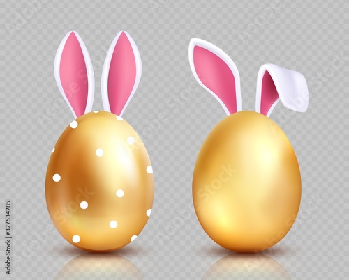 Easter eggs. Golden egg hunting, bunny ears. Isolated realistic spring festive vector elements. Gold egg with ears rabbit, easter design illustration
