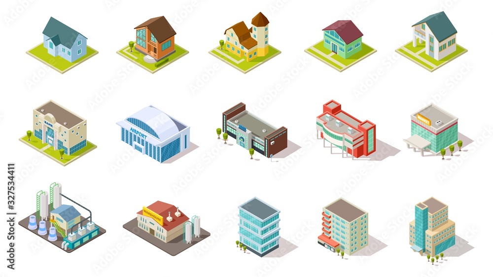 Isometric buildings. City urban infrastructure, residential, industrial and social buildings 3d vector set. Architecture residential building, house airport, infrastructure isometric illustration