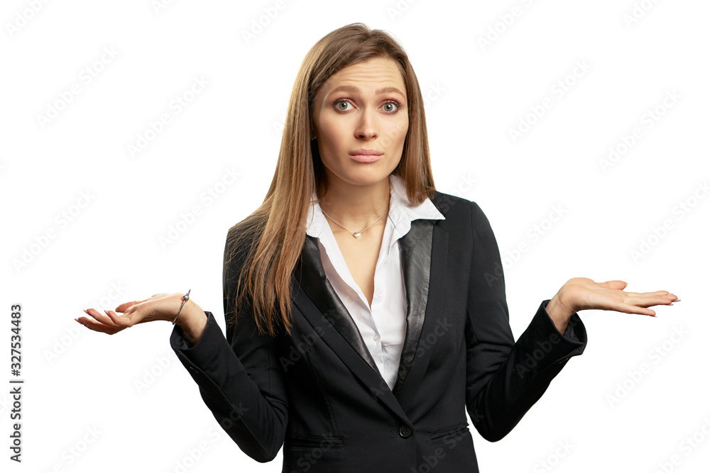 Don't know! Confused young businesswoman. Isolated on white. Don't know! Confused young businesswoman. Isolated on white.