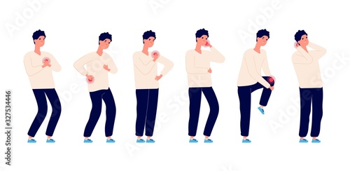 Man pain. Male ill, stomach ache and headache. Healthcare and medicine, guy has backache. Cartoon isolated illness person, sick flu human. Body problems vector set. Headache pain, stomach illustration