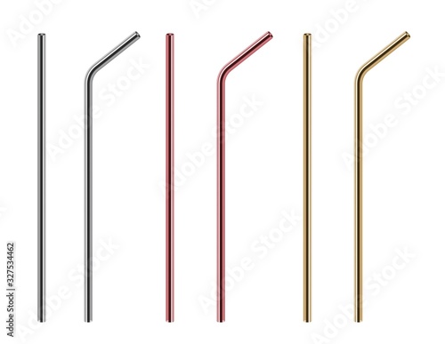 Metal straws. Reusable steel straw, stainless bars. Isolated realistic eco pipe for different drinks vector set. Straw metal reusable, tube steel pipe for drinking illustration