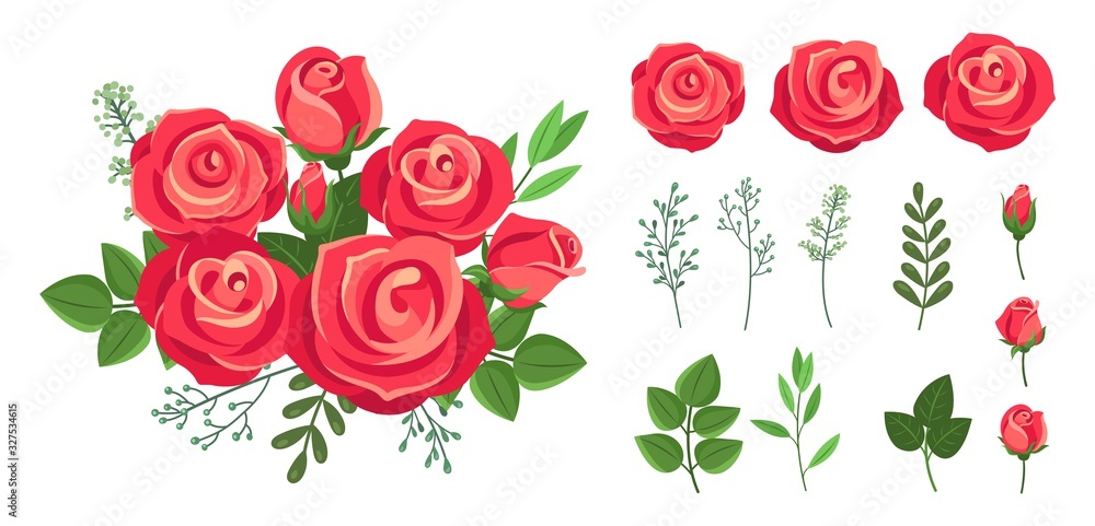 Red Roses Bouquet. Wedding Flowers Decoration. Vintage Isolated Floristic  Botanical Elements. Vector Floral Collection Bouquet Flower, Floral Rose  Bloom For Decoration Illustration Stock Vector | Adobe Stock