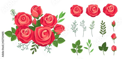 Red roses bouquet. Wedding flowers decoration. Vintage isolated floristic botanical elements. Vector floral collection bouquet flower, floral rose bloom for decoration illustration