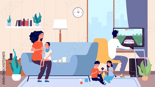 Single mother. Mom feeds baby, large family. Nanny or babysitter and little children in room vector illustration. Woman parent or babysitter with children