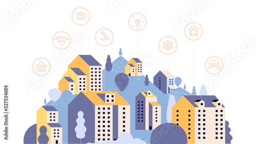 Smart city. Country landscape with houses and clever icons. Urban modern town with communication, internet, online stores vector illustration. Smart city communication, digital networking