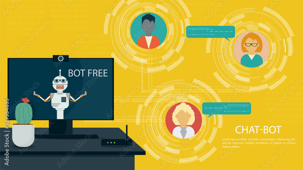 Virtual Help Chatbot banner on computer monitor For Website Or Mobile Apps Artificial Intelligence Concept Flat Vector Illustration yellow background