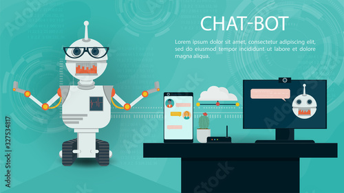 Banner Chatbot Virtual Help between computer and phone For Website Or Mobile Apps Artificial Intelligence Concept Flat Vector Illustration